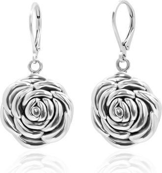 MAX + STONE 925 Sterling Silver Rose Flower Dangle Earrings