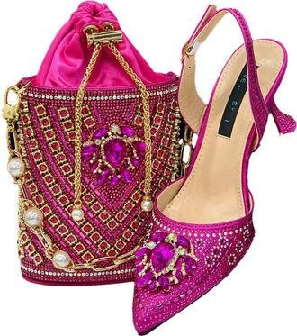 Generic Womens Stiletto High Heel Shoes and Gold Chain Handbag Set Sparkly Rhinestone Big Crystal Decoration