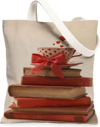 Generic Vintage Books Canvas Tote Bags, Romantic Heart Pattern Reusable Grocery Bags, Lightweight Washable Shoulder Strap Canvas Fo, Red, 13x15 Inch