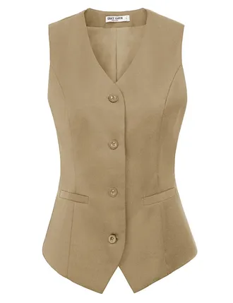 Grace Karin Women Waistcoat Button Vintage Vest Regular Fitted Fashion Dressy Suit with Pockets(2XL, Khaki 38)