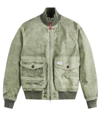 Fay Washed Green Cotton Canvas Bomber Jacket With Ribbed Knit Details