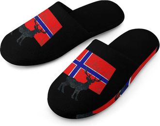 Generic Norwegian Flag And Deer Cotton Slippers for Men Memory Foam House Slippers Soft Anti-skid Sole Indoor Outdoor Shoes