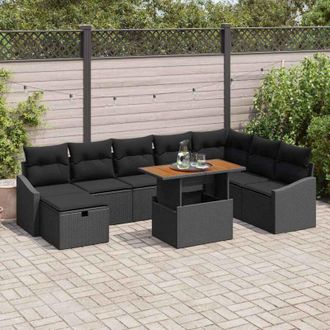 vidaXL Conjunto De Sof&aacute; De Jard&iacute;n Con Coj&iacute;n 9 Pcs Negro Polirat&aacute;n