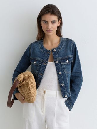 Reiss Mid Blue Collarless Cropped Denim Jacket, 10