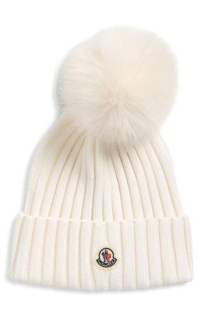 Moncler Wool Rib Beanie with Faux Fur Pompom in Silk White at Nordstrom
