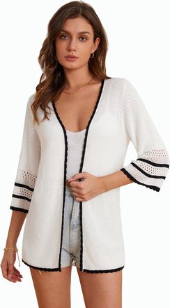 Grace Karin Summer Lightweight Open Front Cardigan 3/4 Sleeve Elegant Knit Beach Cover Ups Cardigans White L