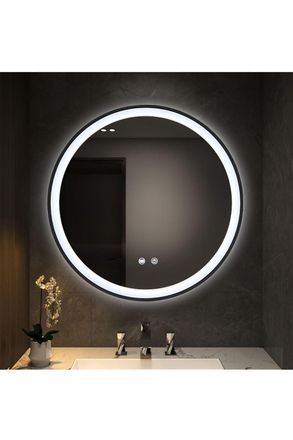 Living and Home D80cm Round Metal Framed LED Bathroom Wall Mirror in Black