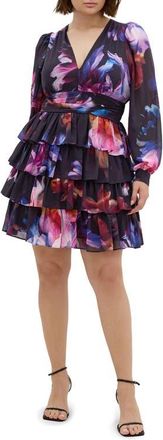 City Chic Kailey Long Sleeve Floral Print Minidress in Vivid Floral at Nordstrom, Size Xxl