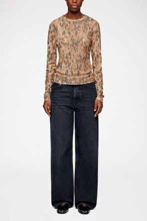 Ganni Long-sleeve Top in Printed Marl Mesh - Size 34 Burro