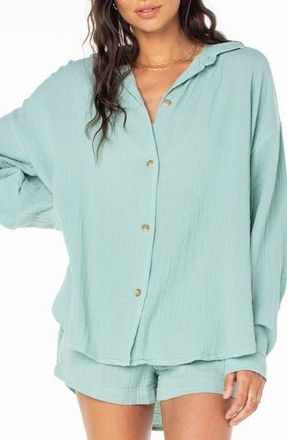 Roxy Morning Time Cotton Gauze Button-Up Shirt in Aquifer Solid at Nordstrom Rack, Size Medium