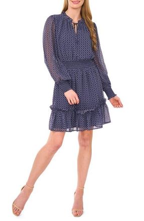 CeCe by Cynthia Steffe Geo Print Smocked Waist Long Sleeve Dress in Night Horizon at Nordstrom, Size X-Large