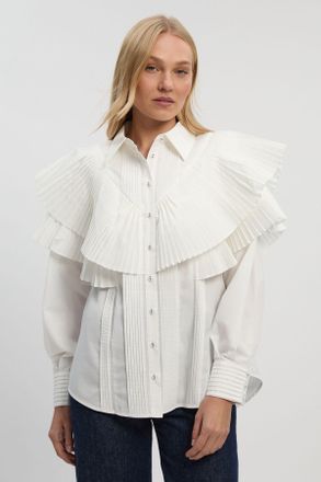 Karen Millen Womens Cotton Poplin Ruffle Detail Long Sleeve Woven Collared Shirt - White - Size 14 UK