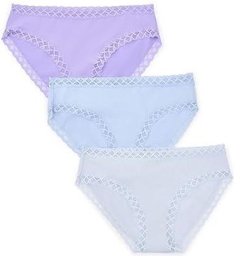 Natori Bliss Girl Brief 3-Pack Panties Womens Underwear Frosted Sky/Blue Mist/Violet Tulip : M (Womens 10-12), Cotton/Lace/Lycra