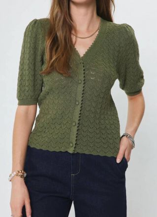 Current Air Puff Sleeve Scalloped Edge Top In Olive