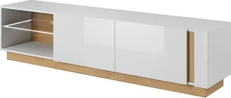 Vente-Unique Mueble TV MURARI - 2 puertas y 2 estantes - Con LEDs - Blanco brillante y roble