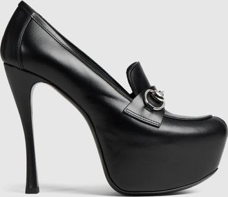 Gucci Womens Platform Pump With Horsebit, Black, Leather