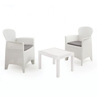 Trade Shop Trade Shop - Conjunto De Sala De Estar Con Mesa De Caf&eacute; 2 Sillones Blancos Efecto De Rat&aacute;n Con Cojines De Jard&iacute;n 591073