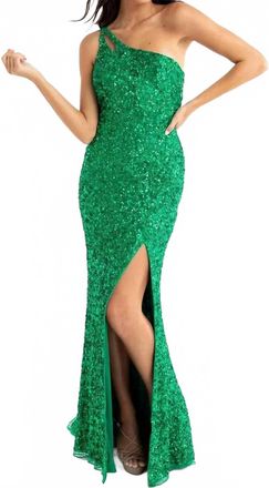 Primavera Asymmetrical Sequin Double Strap Dress In Emerald