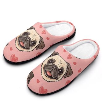 Generic Pug Dogs Head And Love Heart Mens Slippers Slip On Comfortable Fleece Cotton House Shoes Winter