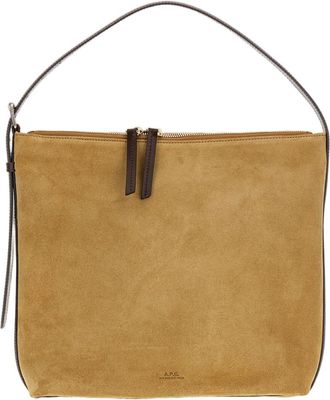 A.P.C. Beige Suede Leather Shoulder Bag with Adjustable Strap and Gold Accents