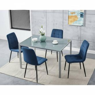 Kosy Koala Modern Grey Glass Dining Table Set with 4 blue velvet Chairs | Size: 120 cm x 70 cm