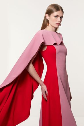 Karen Millen Womens Soft Tailored Colour Block Cape Detail Full Skirted Maxi Dress - Pink - Size 6 UK