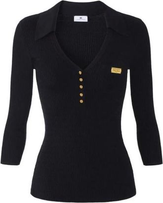 Elisabetta Franchi Truien & Vesten, Dames, Zwart, 2Xl, Micro-gebreide Poloshirt