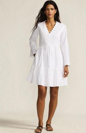 Lands End Poplin V Neck Embroidered Dress in White at Nordstrom, Size Large