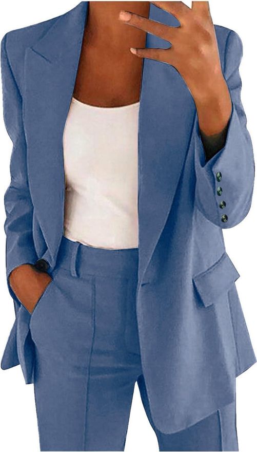 Womens Trouser Suits Wedding Guest 2 Piece Outfits Long Sleeve Button Lapel Blazer and Trousers with Pockets Elegant Lightweight Suit Ladies Formal Of