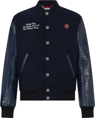 Philipp Plein Varsity Bomber Cocco Sleeves Los Angeles - Heren - Bomber jackets - Blauw - 2XL - Wol - Jassen