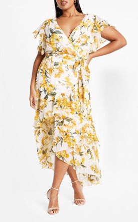 City Chic Floral Faux Wrap Tiered Midi Dress in Yellow Floral at Nordstrom