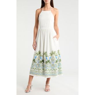 Sugarlips Senara Placed Print Halter Neck Dress in White-Green-Multi at Nordstrom, Size X-Small