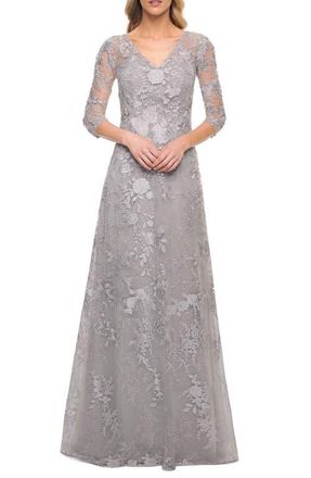 La Femme Floral Embroidered A-Line Gown in Silver at Nordstrom, Size 14