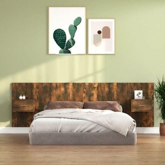 vidaXL Cabecero De Cama Y Mesitas Madera Contrachapada Roble Ahumado Vidaxl