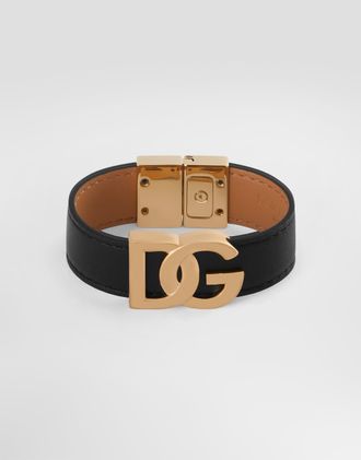 Dolce & Gabbana Calfskin Bracelet With Dg Logo - Man Bijoux Black Leather S