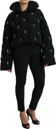 Dolce & Gabbana Womens Black Embellished Quilted Shell Bomber Jacket Nylon Clothing