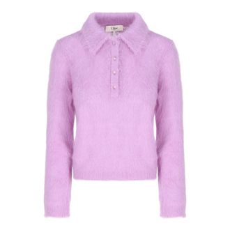 Chlo&eacute; Brushed Alpaca-Blend Polo Jumper - female - Chlo&eacute; - Round-neck Knitwear - Purple - M - Knitwear