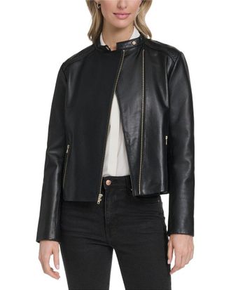 Cole Haan Stand Collar Leather Racer Jacket