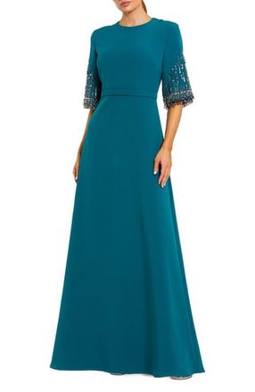 Mac Duggal Crepe A Line Gown With Beaded 3/4 Sleeves in Ocean at Nordstrom, Size 14