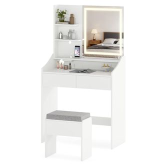 Costway Costway Wooden Vanity Desk Set w/ Mirror & Lights Makeup Table w/Storage Stool in White