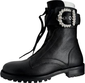 Jimmy Choo London Crystal Embellished Buckle Black Leather Combat Boots Size 39