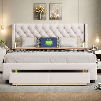 OEM Cama De Matrimonio Para Dos 160x200 Cm, Somier Incluido, 2 Cajones, Cabecero Con Decoraci&oacute;n De Botones Y Led, Cofre De Almacenamiento, Beige