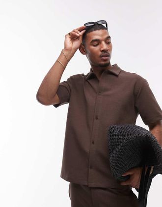 Topman premium relaxed fit button down interlock jersey shirt in brown