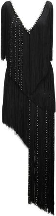 Elisabetta Franchi Lange Jurk met V-hals en Franjes - Dames - Feestkleedjes - Zwart - XS - Leer - Kleedjes