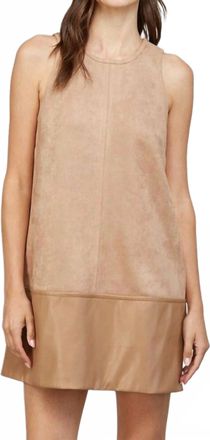 Fate Amber Contrast Faux Leather Hem Sleeveless Suede Shift Dress In Tan