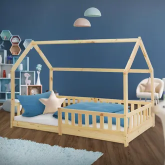 ML Design Ml-design Cama Infantil Casa Natural 90x200 Cm De Madera De Pino Con Protecci&oacute;n Antica&iacute;da, Techo Y Somier Estructura De Listones, Cuna De Suelo Maciza