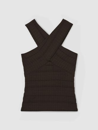Reiss Chocolate Cross Neck Textured Top, XS