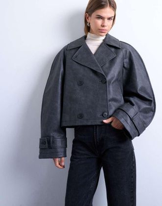 Topshop Trench taglio corto in pelle sintetica nero slavato con maniche ovoidali