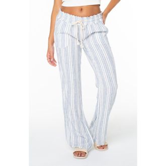Roxy Oceanside Stripe Linen BLend Pants in Blue Horizon Lisbon Striple at Nordstrom, Size Xx-Large