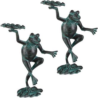 Relaxdays Set of 2 Relaxdays Garden Frog Figurines, Weatherproof, In- & Outdoor Toad, For Balcony, Pond, Cast Iron, Size M, Green
